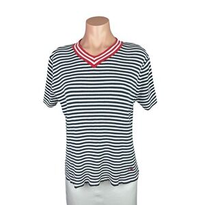 Tommy Hilfiger Womans Pullover Knit Top Size L Blue & White Stripe Short Sleeve